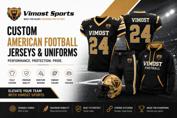 Custom American football jerseys manufacturer showing sublimated football team jerseys by Vimost Sports