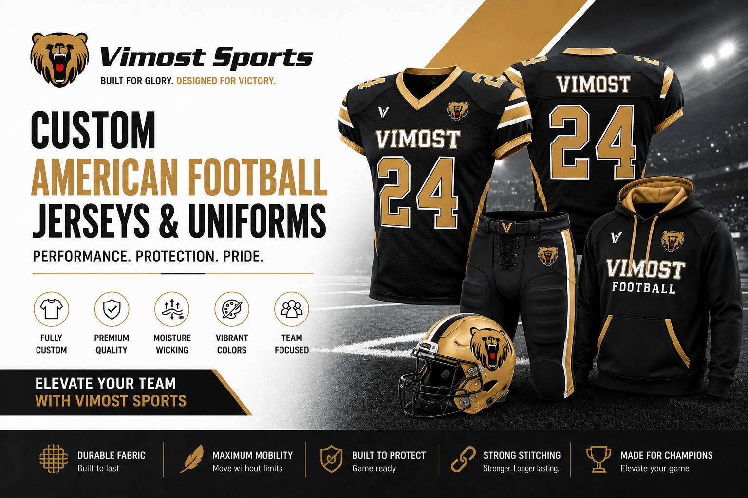 American Football Jersey H1 Banner Custom American football jerseys manufacturer showing sublimated football team jerseys by Vimost Sports