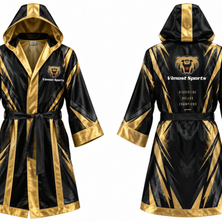 Custom Boxing Ring Walk Robe 4 Black and gold hooded boxing ring walk robe with belt, front and back