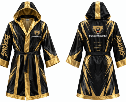 Custom Boxing Ring Walk Robe 4 Black and gold hooded boxing ring walk robe with belt, front and back