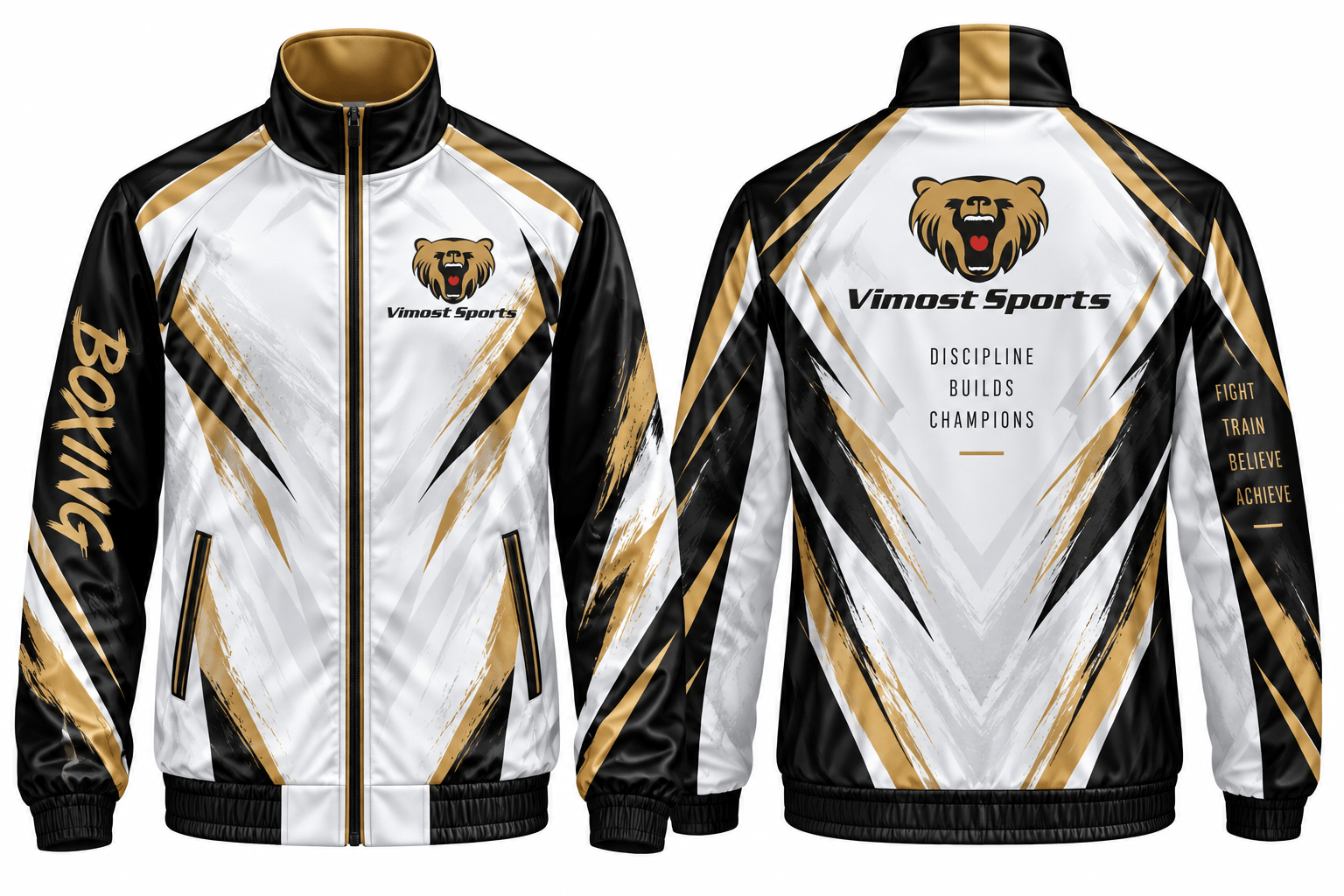 Custom Boxing Warm-Up Jacket 2 White, black and gold custom boxing team jacket, front and back