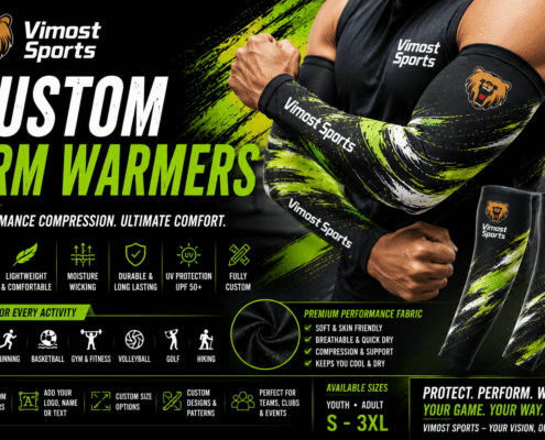 Custom Arm Warmers 7 custom arm warmers manufacturer showing custom logo, colors and sublimation artwork by Vimost Sports