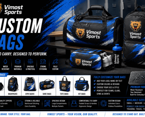 Custom Bags 6 custom bags manufacturer showing custom logo, colors and sublimation artwork by Vimost Sports