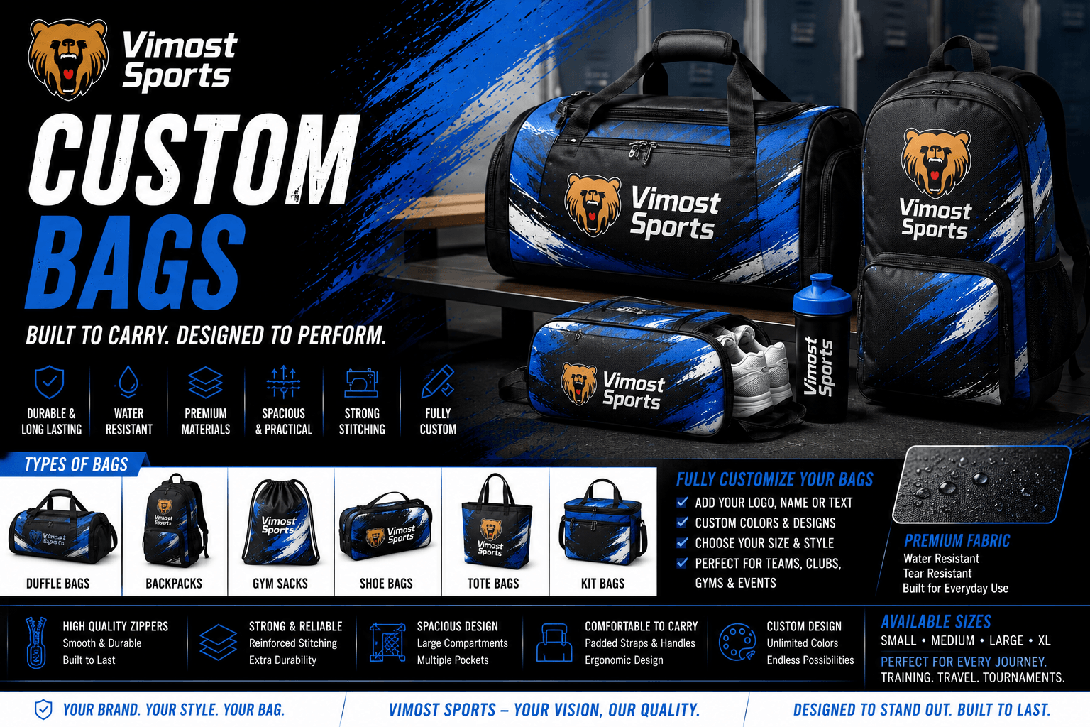 Custom Bags Banner custom bags manufacturer showing custom logo, colors and sublimation artwork by Vimost Sports