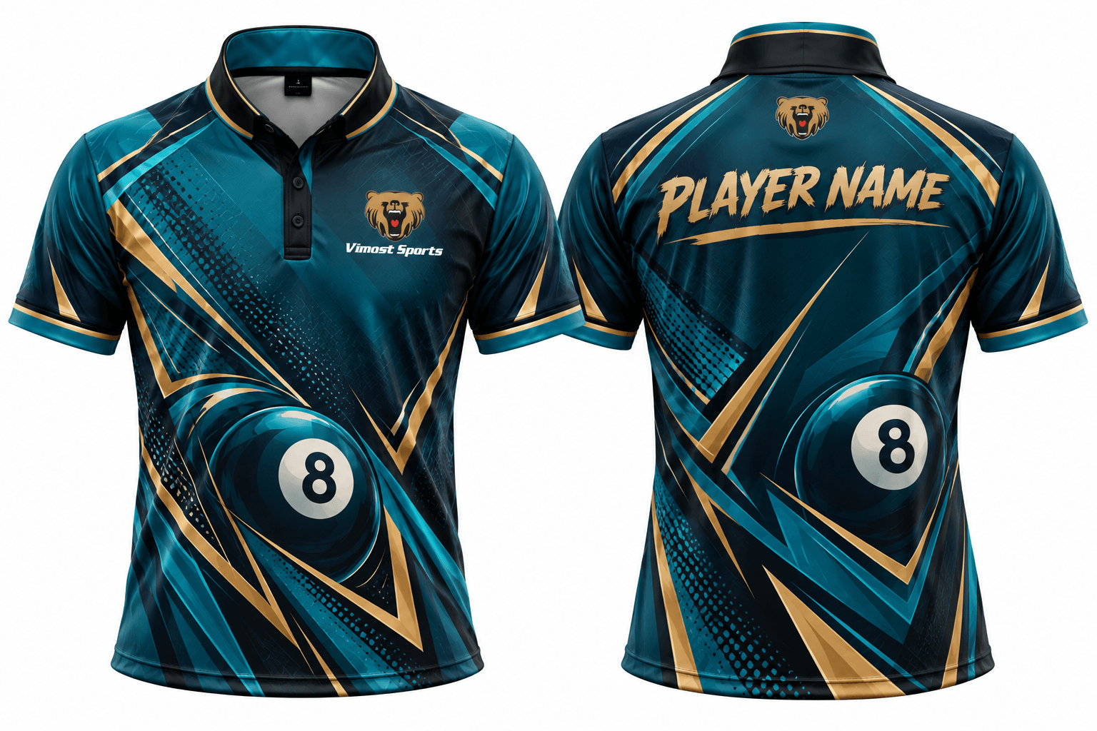 Custom Billiards Jerseys blue design 01 Blue and teal custom billiards polo jersey, front and back, with 8-ball graphic