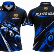 Custom Billiards Jerseys blue design 03 Blue and black billiards polo shirt with cue graphic and player name on the back