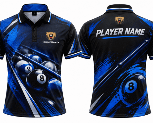 Custom Billiards Jerseys blue design 03 Blue and black billiards polo shirt with cue graphic and player name on the back