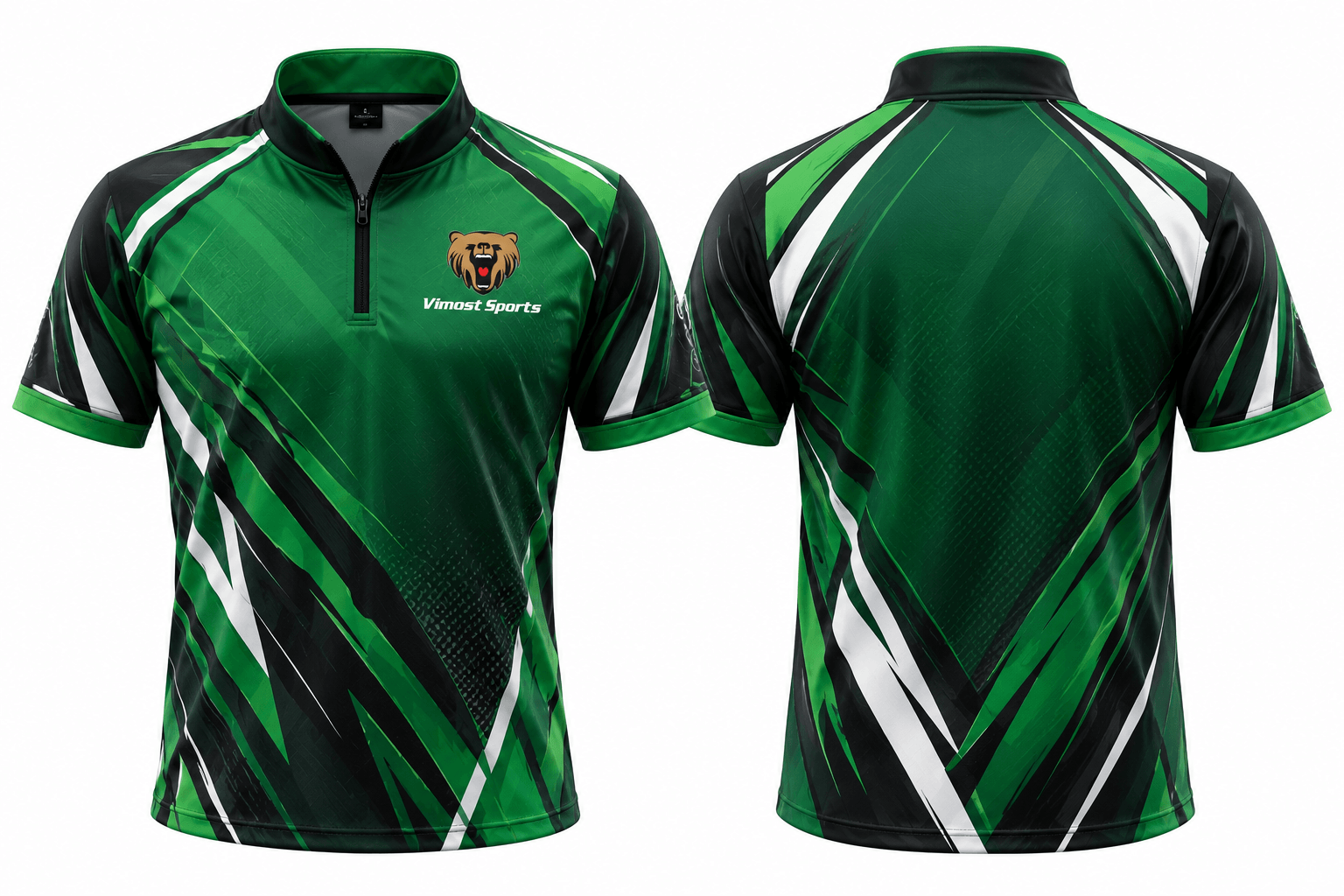 Custom Billiards Jerseys green design02 Green and black quarter-zip billiards jersey shown from front and back