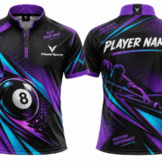 Custom Billiards Jerseys purple design 02 Purple and cyan billiards jersey with player name and cue-sport graphics