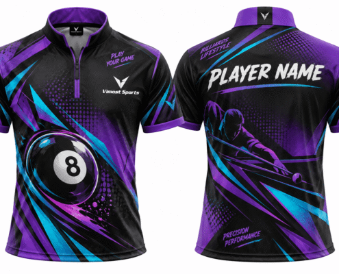Custom Billiards Jerseys purple design 02 Purple and cyan billiards jersey with player name and cue-sport graphics