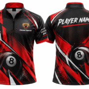 Custom Billiards Jerseys red design 01 Red and black zip-collar billiards jersey with player name personalization