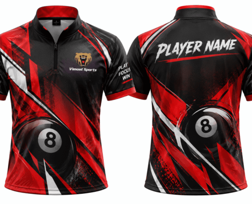 Custom Billiards Jerseys red design 01 Red and black zip-collar billiards jersey with player name personalization