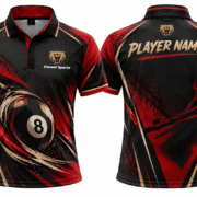 Custom Billiards Jerseys red design 02 Red and black billiards polo with 8-ball artwork and player name