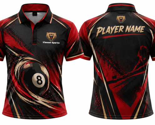 Custom Billiards Jerseys red design 02 Red and black billiards polo with 8-ball artwork and player name