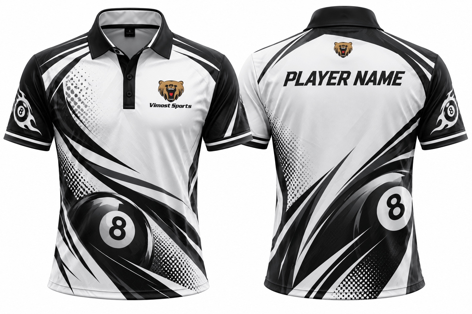 Custom Billiards Jerseys white black design 01 White and black custom billiards polo with player name on the back