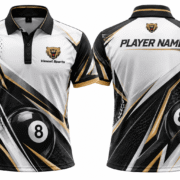 Custom Billiards Jerseys white black design 02 White, black and gold billiards polo showing front and personalized back