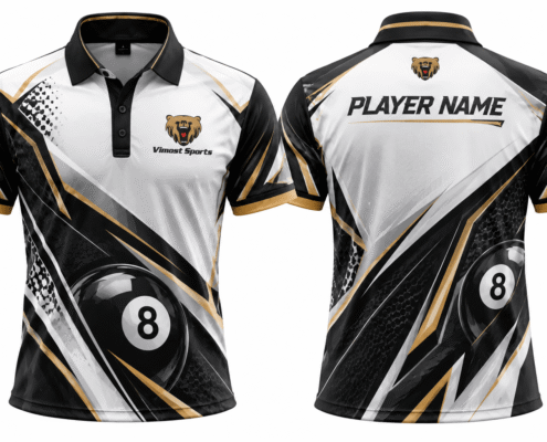 Custom Billiards Jerseys white black design 02 White, black and gold billiards polo showing front and personalized back