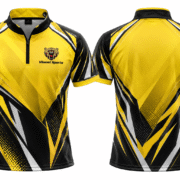 Custom Billiards Jerseys yellow design01 Yellow and black zip-collar billiards shirt shown from front and back