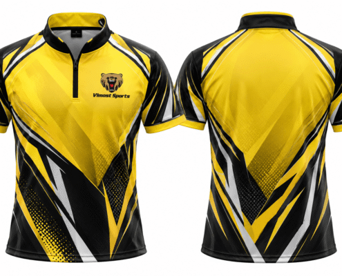 Custom Billiards Jerseys yellow design01 Yellow and black zip-collar billiards shirt shown from front and back