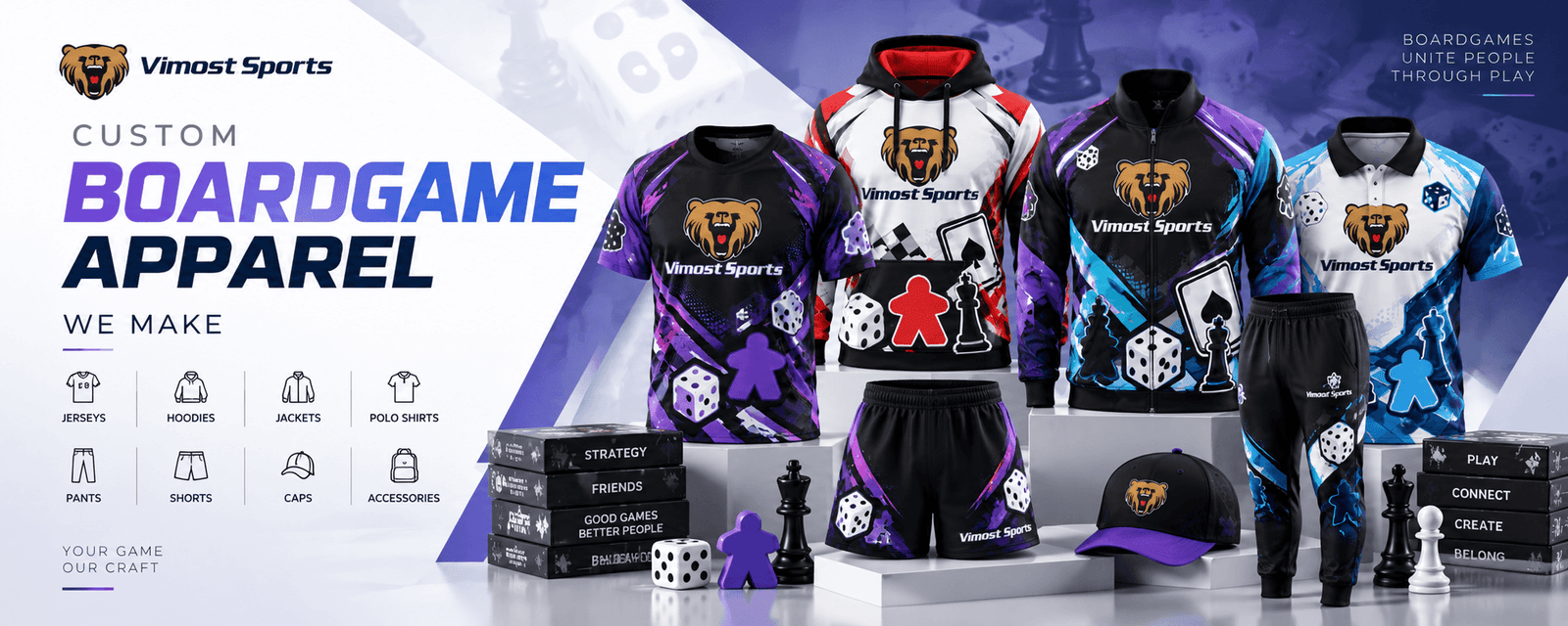 Custom BoardGame apparel banner design Custom BoardGame apparel collection with jerseys, hoodie, jacket, polo shirt, shorts, pants and cap