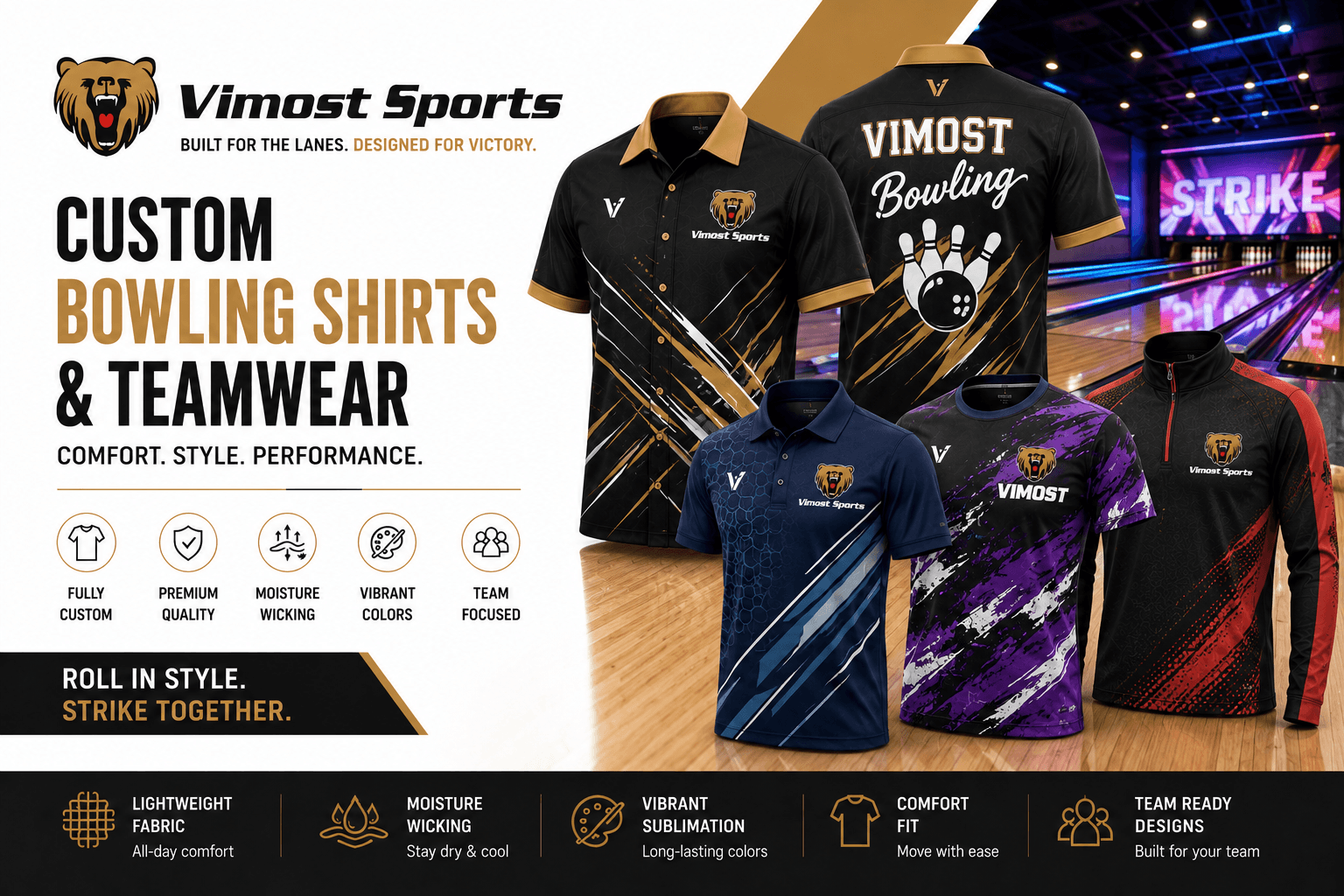 Custom Bowling Shirts Banner Custom bowling shirts manufacturer showing bowling jerseys, polos and team shirts by Vimost Sports
