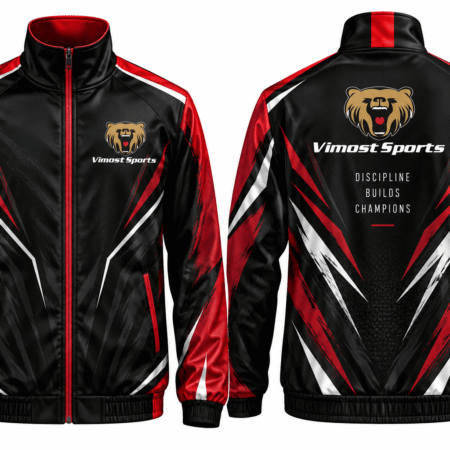 Custom Boxing Warm-Up Jacket 7 Black and red full-zip boxing warm-up jacket, front and back