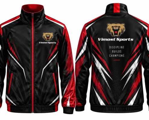 Custom Boxing Warm-Up Jacket 3 Black and red full-zip boxing warm-up jacket, front and back