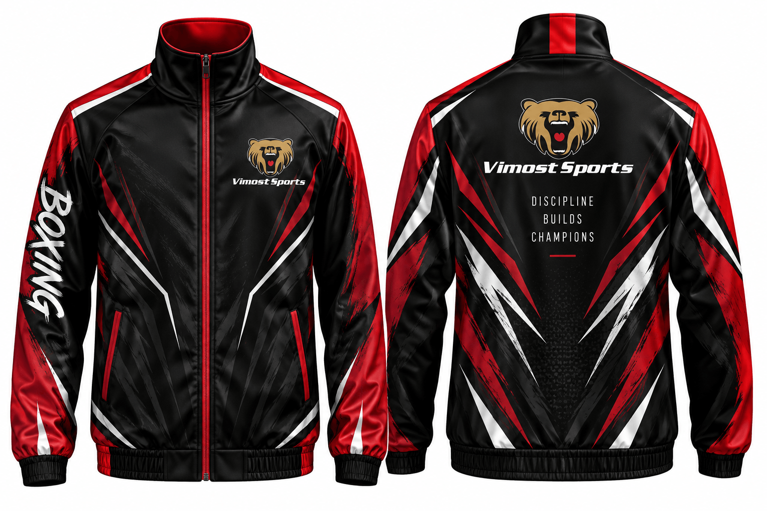 Custom Boxing Warm-Up Jacket 1 Black and red full-zip boxing warm-up jacket, front and back