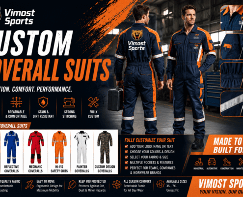 Custom Coverall Suits 5 custom coverall suits manufacturer showing custom logo, colors and sublimation artwork by Vimost Sports