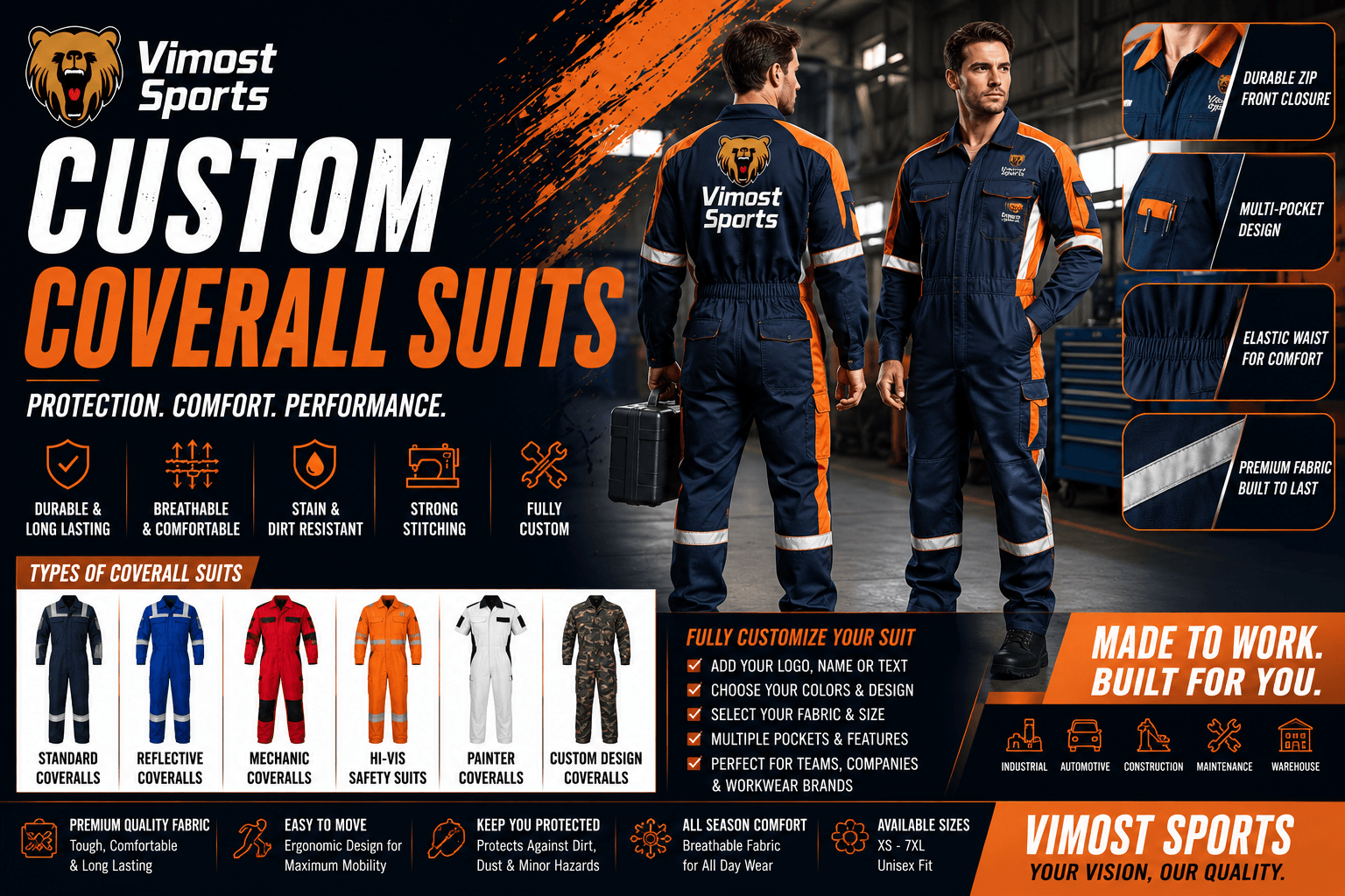 Custom Coversuits Banner custom coverall suits manufacturer showing custom logo, colors and sublimation artwork by Vimost Sports