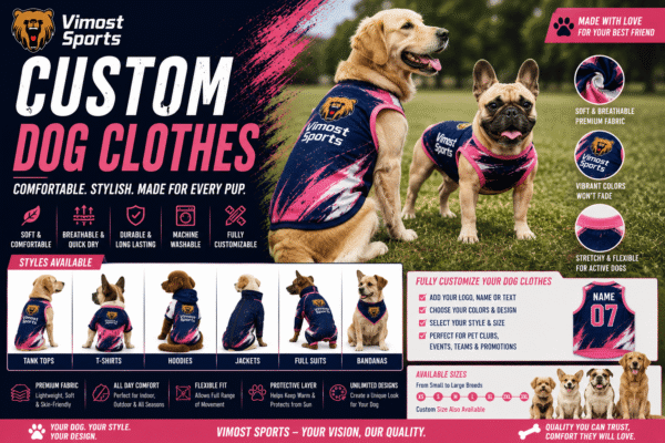 Custom Dog Clothes banner custom dog clothes manufacturer showing custom logo, colors and sublimation artwork by Vimost Sports