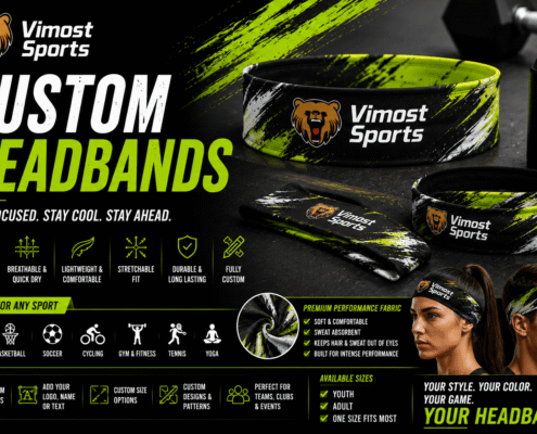 Custom Headbands 8 custom headbands manufacturer showing custom logo, colors and sublimation artwork by Vimost Sports
