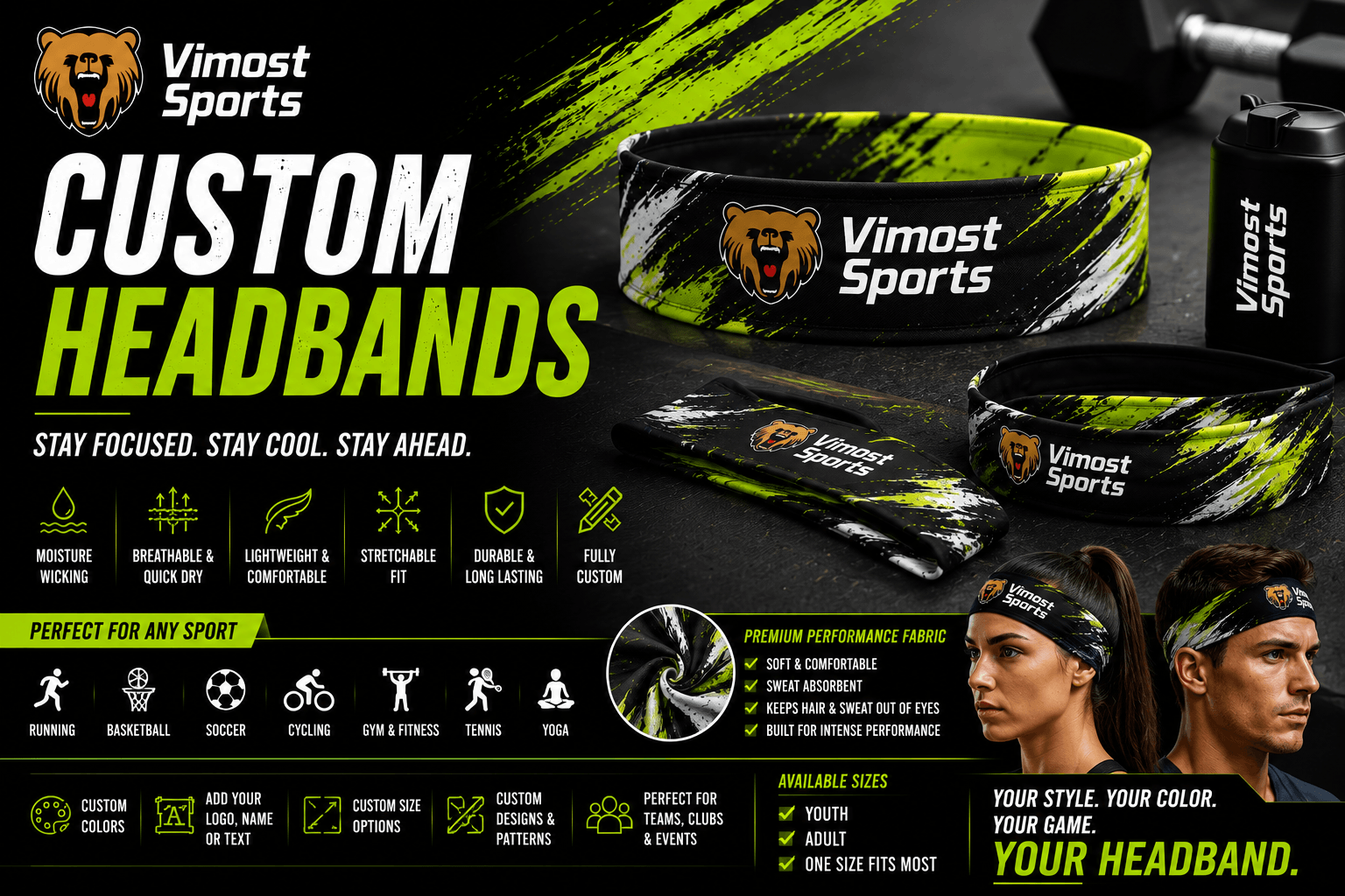 Custom Headbands banner custom headbands manufacturer showing custom logo, colors and sublimation artwork by Vimost Sports