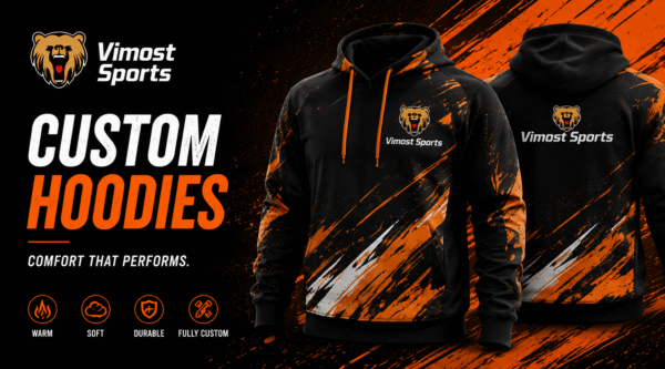 Custom Hoodies banner Custom Hoodies Manufacturer showing custom logo and sublimation design by Vimost Sports