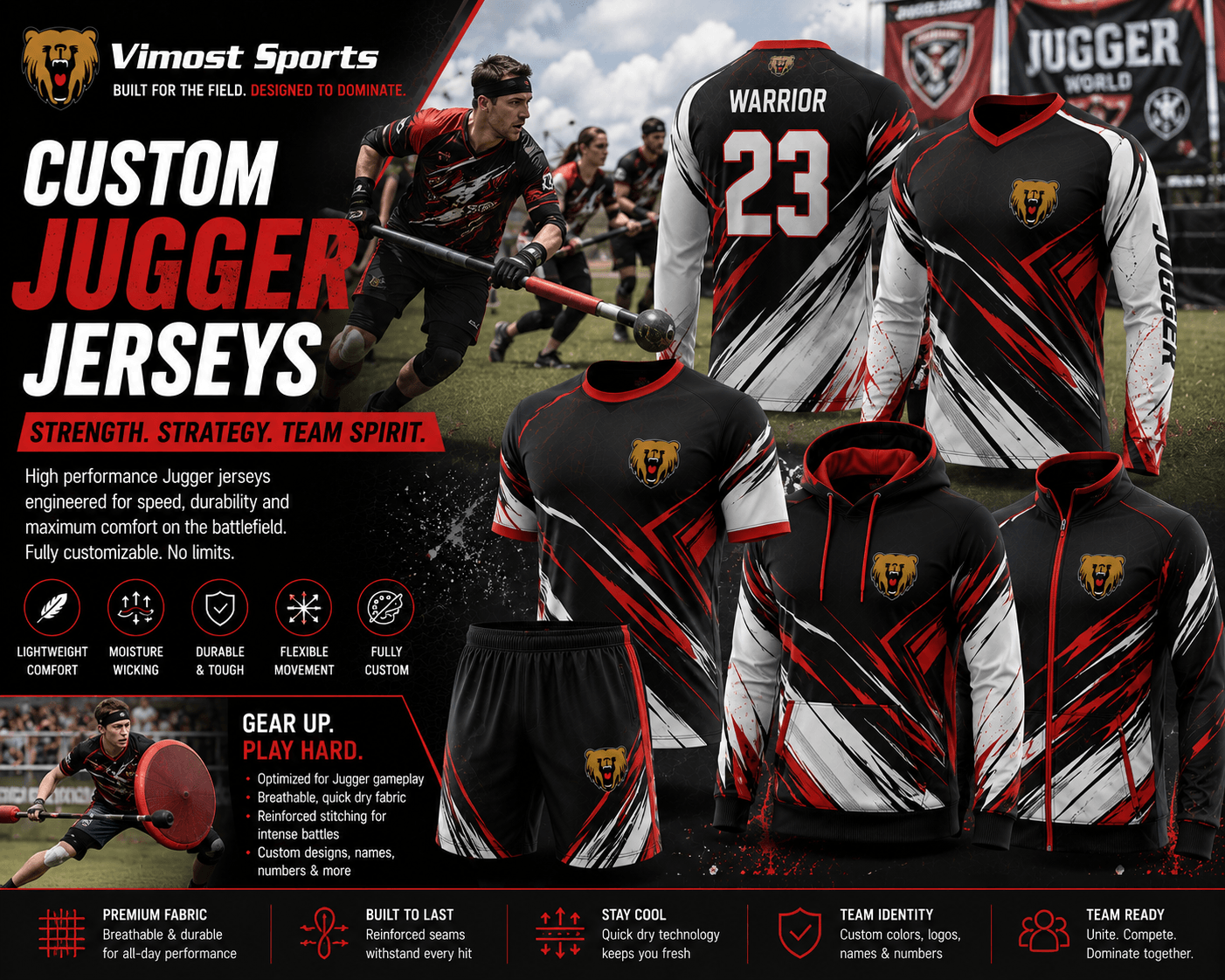 Custom jugger jerseys manufacturer banner Custom jugger jerseys manufacturer showing sublimated jugger shirts and teamwear by Vimost Sports