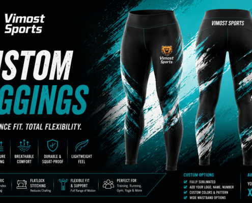 Custom Leggings 2 custom leggings manufacturer showing custom logo, colors and sublimation artwork by Vimost Sports