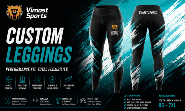 Custom Leggings Banner custom leggings manufacturer showing custom logo, colors and sublimation artwork by Vimost Sports