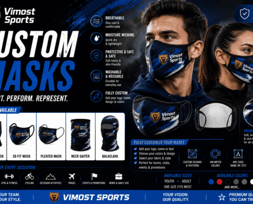 Custom Masks 3 custom masks manufacturer showing custom logo, colors and sublimation artwork by Vimost Sports