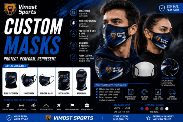 Custom Masks Banner custom masks manufacturer showing custom logo, colors and sublimation artwork by Vimost Sports