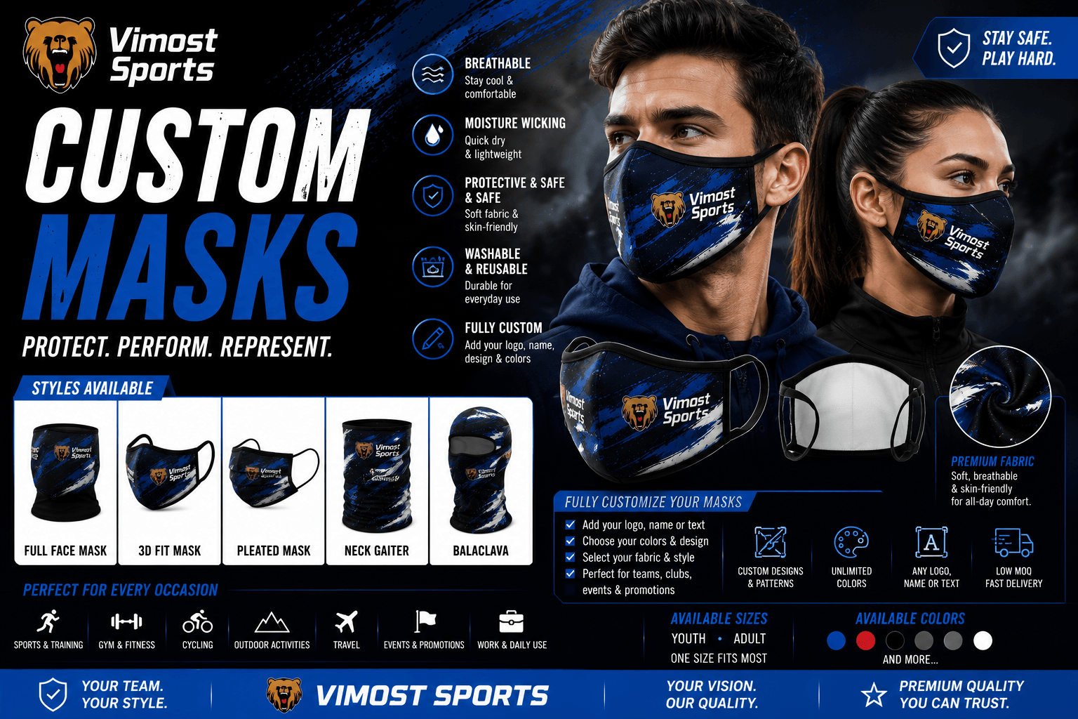 Custom Masks Banner custom masks manufacturer showing custom logo, colors and sublimation artwork by Vimost Sports