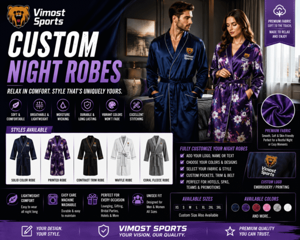 Custom Night Robes Banner custom night robes manufacturer showing custom logo, colors and sublimation artwork by Vimost Sports