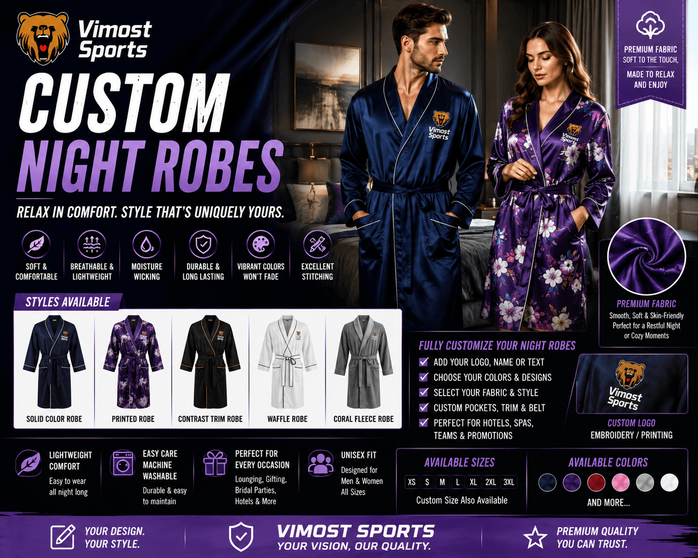 Custom Night Robes Banner custom night robes manufacturer showing custom logo, colors and sublimation artwork by Vimost Sports