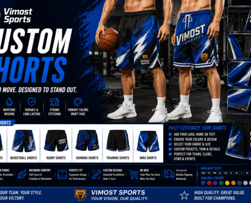 Custom Shorts 1 custom shorts manufacturer showing custom logo, colors and sublimation artwork by Vimost Sports