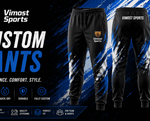 Custom Pants 5 custom pants manufacturer showing custom logo, colors and sublimation artwork by Vimost Sports