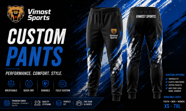 Custom Sports Pants banner custom pants manufacturer showing custom logo, colors and sublimation artwork by Vimost Sports