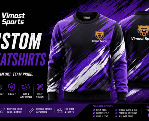 Custom Sweatshirts 10 custom sweatshirts manufacturer showing custom logo, colors and sublimation artwork by Vimost Sports