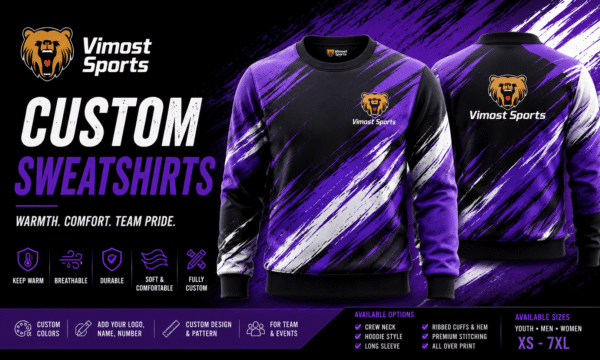 Custom Sweatshirts Banner custom sweatshirts manufacturer showing custom logo, colors and sublimation artwork by Vimost Sports
