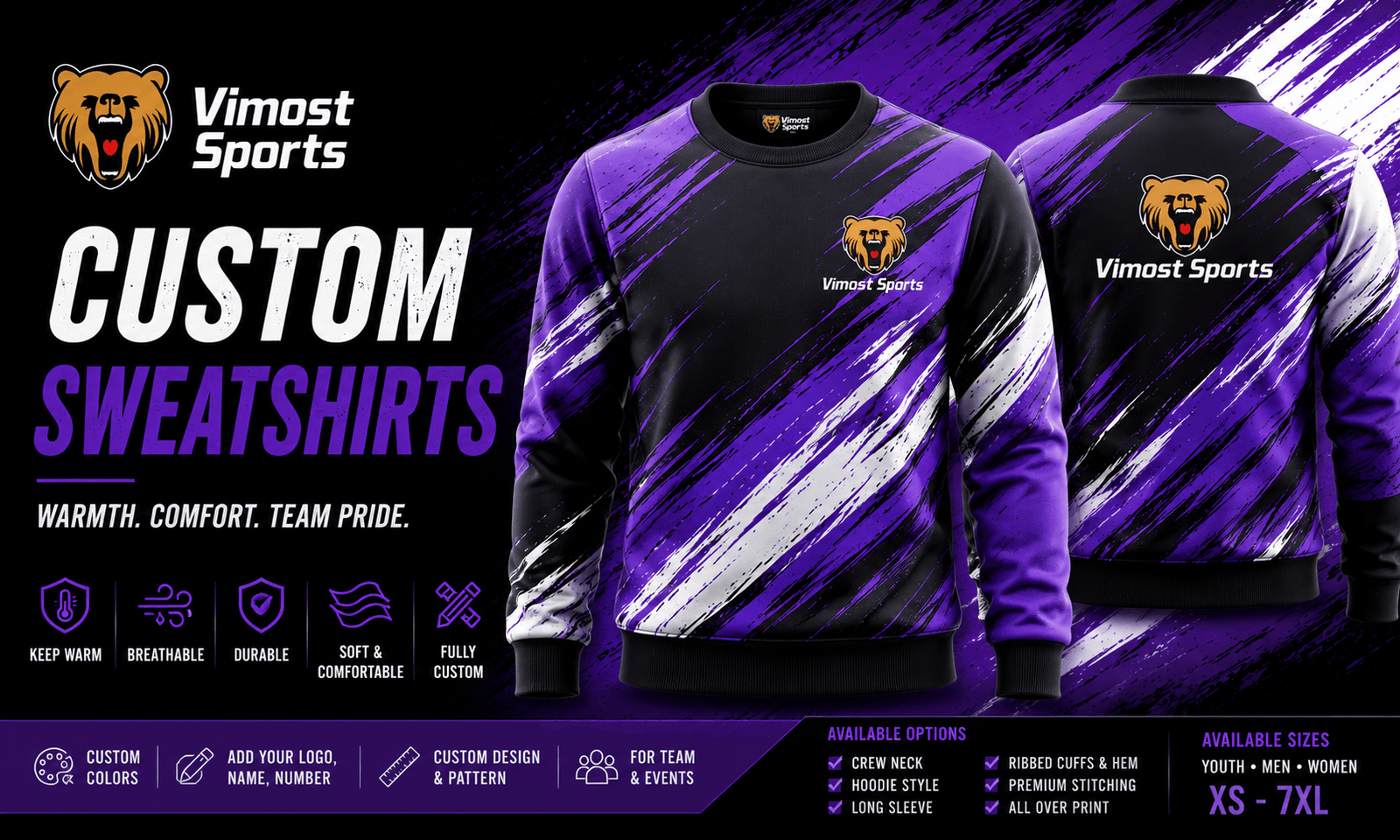 Custom Sweatshirts Banner custom sweatshirts manufacturer showing custom logo, colors and sublimation artwork by Vimost Sports