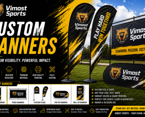 Custom Banners 4 custom banners manufacturer showing custom logo, colors and sublimation artwork by Vimost Sports