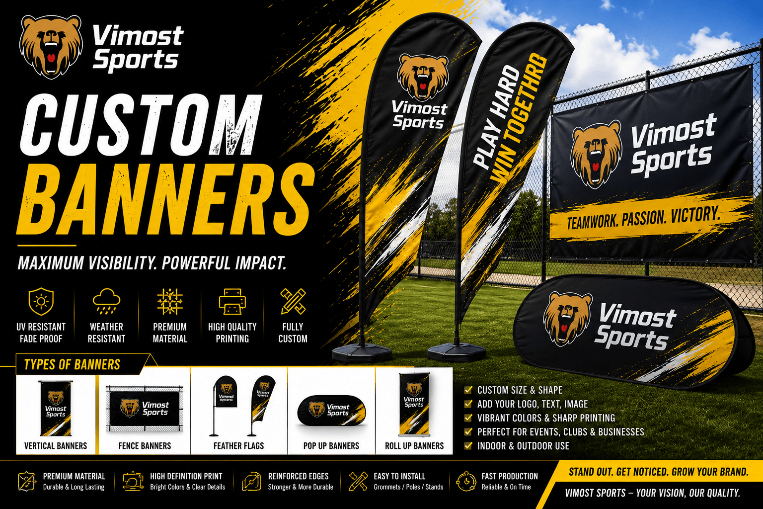 Custom banners custom banners manufacturer showing custom logo, colors and sublimation artwork by Vimost Sports